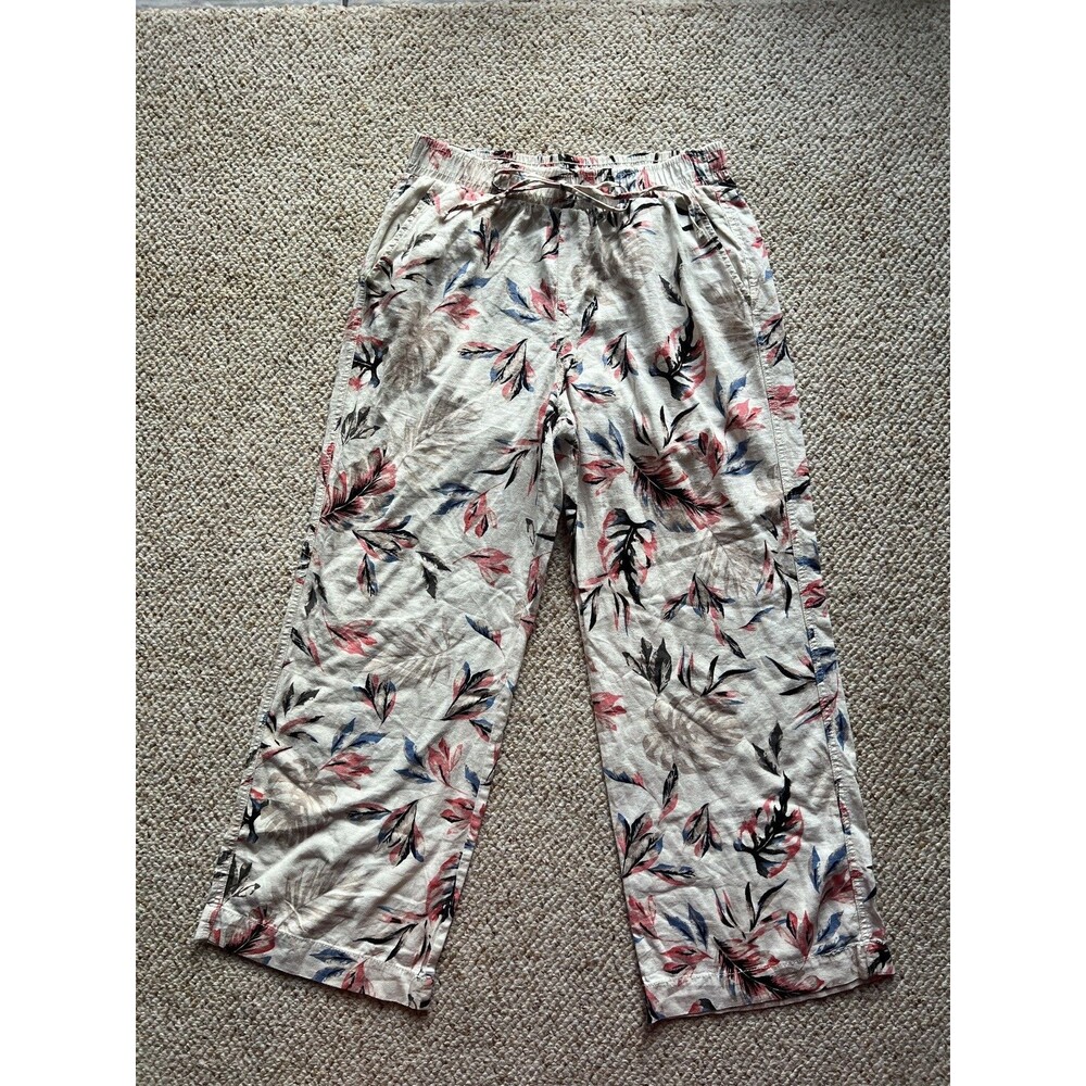 Briggs Women’s Ivory Tropical Floral Linen/Rayon Wide-Leg Pants Pockets, Large
